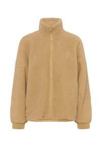 Beež fliisjakk kõrge kraega ja täispikkade tõmblukkudega. Omab pehmet, tekstuuriga kangast ning elastseid mansette korraliku istuvuse tagamiseks. Lihtne disain.