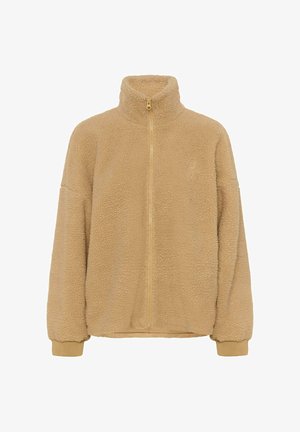 Giacca in pile beige con colletto alto e zip completa. Presenta un tessuto morbido e testurizzato e polsini elasticizzati per una vestibilità aderente. Design semplice.
