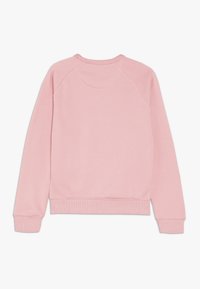 Jasnoróżowy sweatshirt z rękawami raglanowymi, ściągaczami przy mankietach i u dołu. Gładka struktura z okrągłym dekoltem i bez widocznych logo czy ozdób.