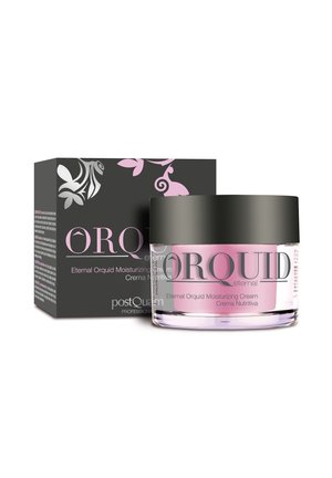 Tarro de crema hidratante rosa con tapa negra etiquetado Orquid junto a una caja negra a juego con diseño floral y detalles del producto.