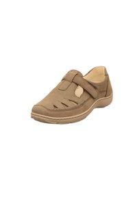 Brown suede shoe with cut-out details, adjustable strap, rounded toe, and cushioned sole. Minimal stitching and a smooth interior.