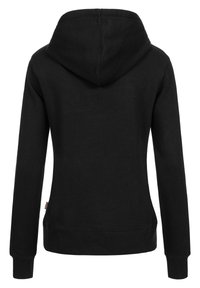 Black hoodie with a drawstring hood, long sleeves, and ribbed cuffs and hem. Soft fabric texture, minimal design, no visible logos or patterns.