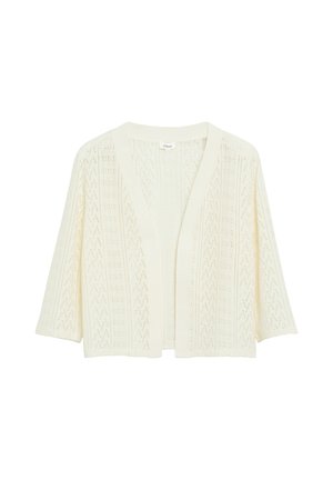 Cremefarbener, offen vorne gestrickter Cardigan mit Dreiviertelärmeln und zartem Spitzenmuster durchgehend.