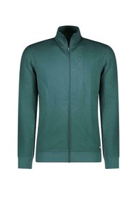 Groene ritssluitingjas van gestructureerde stof, met een hoge kraag, ribgebreide manchetten en een klein ritszakje op de borst.