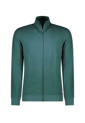 Groene ritssluitingjas van gestructureerde stof, met een hoge kraag, ribgebreide manchetten en een klein ritszakje op de borst.
