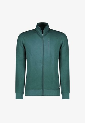 Groene ritssluitingjas van gestructureerde stof, met een hoge kraag, ribgebreide manchetten en een klein ritszakje op de borst.