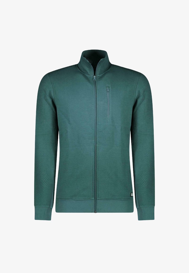 Groene ritssluitingjas van gestructureerde stof, met een hoge kraag, ribgebreide manchetten en een klein ritszakje op de borst.