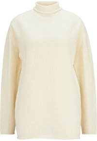 Pull léger à col roulé de couleur crème, avec manches longues, col côtelé et texture douce. Coupe décontractée avec peu de coutures visibles.