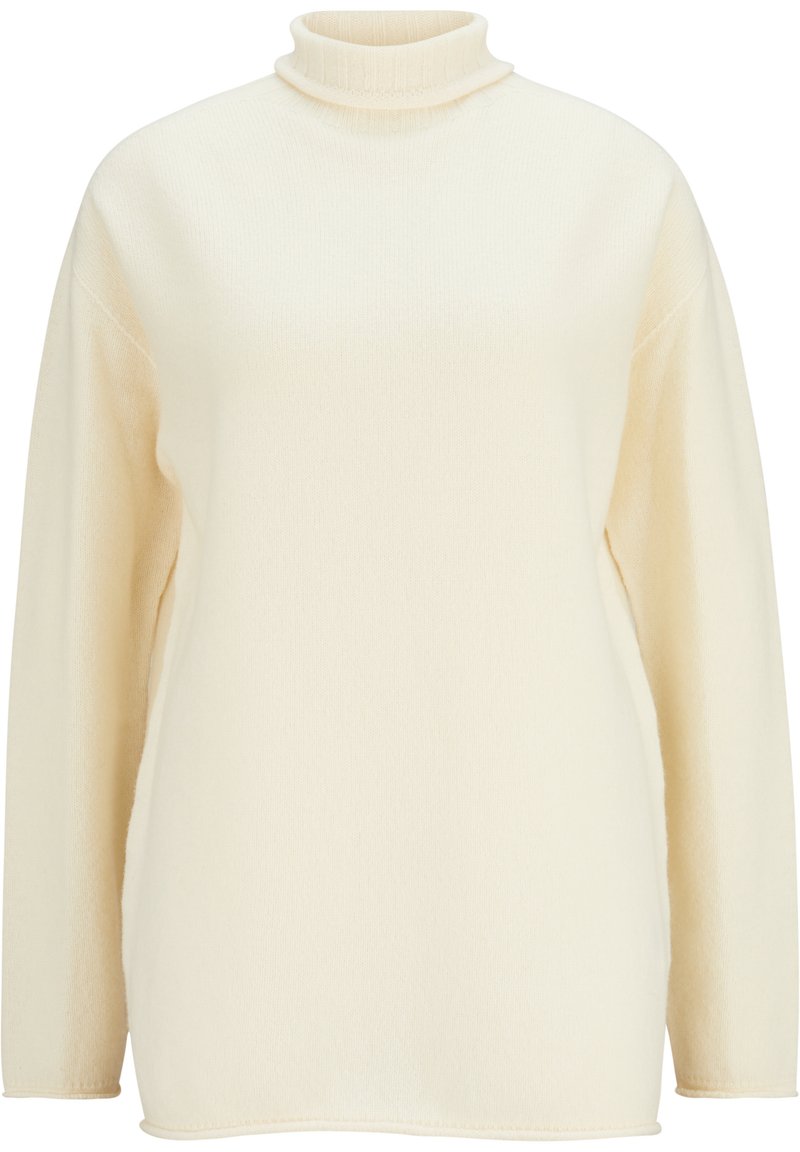 Pull léger à col roulé de couleur crème, avec manches longues, col côtelé et texture douce. Coupe décontractée avec peu de coutures visibles.