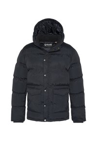 Czarna pikowana kurtka puchowa z kapturem, zapinana na zatrzaski, z dwoma przednimi kieszeniami i przytulną podszewką wewnętrzną. Miękki, trwały materiał.