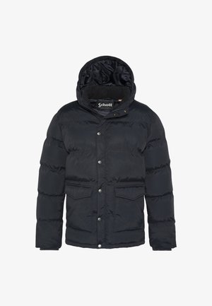 Sort hætte-pufferjakke med quiltet design, trykknaplukninger, to forlommer og en hyggelig indvendig foring. Blødt, holdbart materiale.