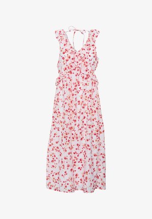 Lillelõhikuga lilleline suvekleit valgel taustal, kus on roosa ja punase lillemuster, volangidega varrukad ja sidumisviis kaeluses. Pikk, voogav disain.