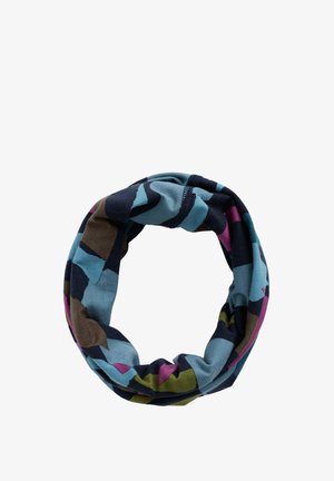 Mehrfarbiger runder Schal aus weichem Stoff. Verfügt über geometrische Muster in Blau, Grün, Braun und Rosa auf dunklem Hintergrund.