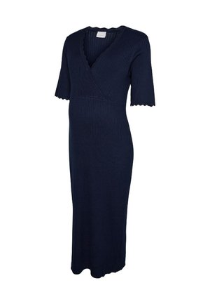 Mørkeblå ribstrikket graviditetskjole med V-hals, ærmer til albuen og bølget kant ved halsudskæring og manchetter.