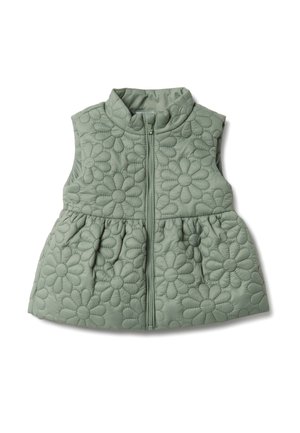 Gilet smanicato trapuntato verde salvia con cerniera frontale e motivo a fiori di margherite cuciti, aderente in vita con fondo svasato.