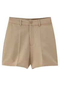 Shorts beige su misura con una texture liscia, caratterizzati da chiusura con bottone, piega frontale e orlo dritto. Design pulito e strutturato.