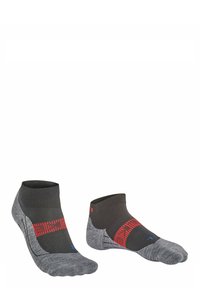 Graue Knöchelsocken mit einem schwarzen oberen Abschnitt. Verfügt über rote Akzente und ein strukturiertes Muster an den Seiten. Hergestellt aus einem dehnbaren, atmungsaktiven Material.
