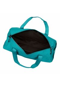 Borsa a tracolla in tessuto verde acqua con due manici robusti, chiusura con zip e un ampio interno nero. Presenta una texture liscia e cuciture rinforzate.