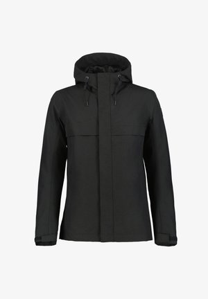 Veste noire imperméable avec capuche, dotée d'un zip frontal, de cordons de serrage et d'un design sans coutures. Tissu texturé sans motifs visibles.