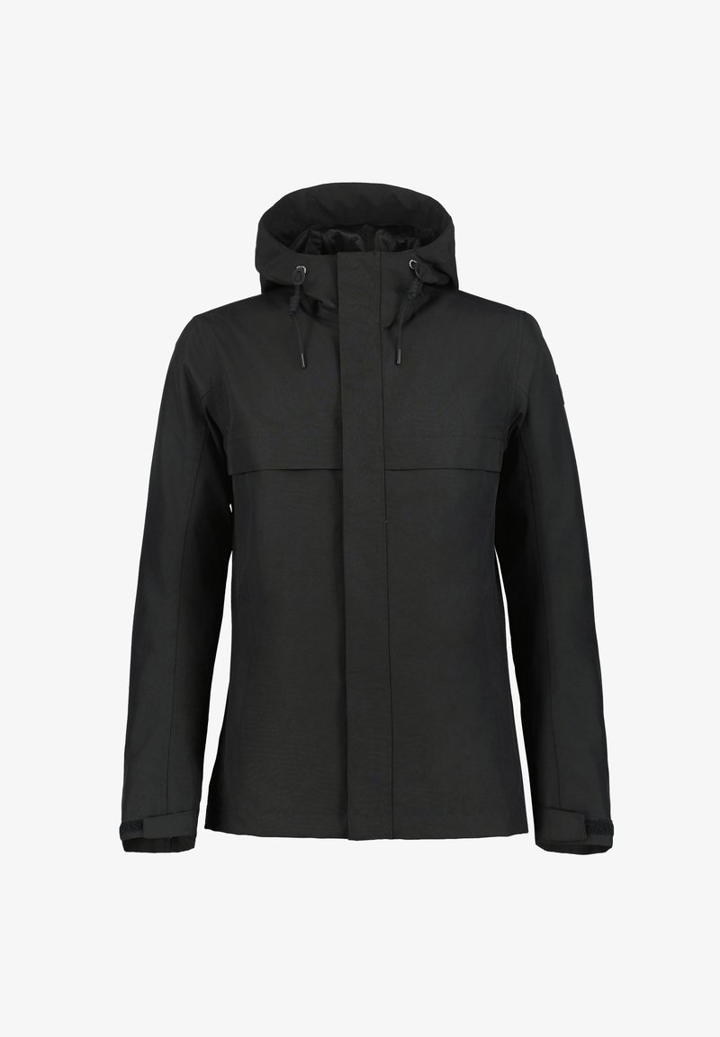 Mustaharjotun musta takki, jossa on huppu, edessä vetoketju, säädettävät narut ja saumaton muotoilu. Rakenne on teksturoitu ilman näkyviä kuvioita.