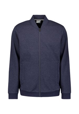 Marineblaues Bomberjackett mit durchgehendem Reißverschluss, geripptem Kragen und Bündchen, Seitentaschen und einer strukturierten Stoffoberfläche.