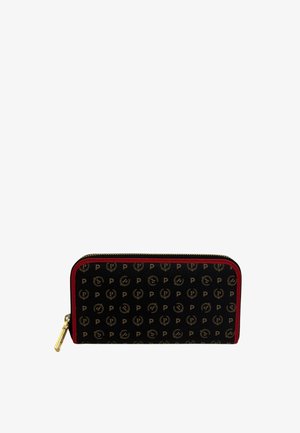 Portafoglio nero con motivo a logo dorato e dettagli rossi della zip. Texture liscia, forma rettangolare, con un tirante della zip dorato.