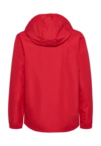 Rote Jacke mit Kapuze, aus einem glatten, robusten Material. Lange Ärmel, elastische Bündchen und ein leicht nach unten gewölbter Saum.