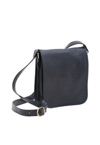 Borsa a spalla in pelle blu navy di forma rettangolare, con tracolla regolabile e accessori in tonalità oro. Texture liscia con dettagli minimi.
