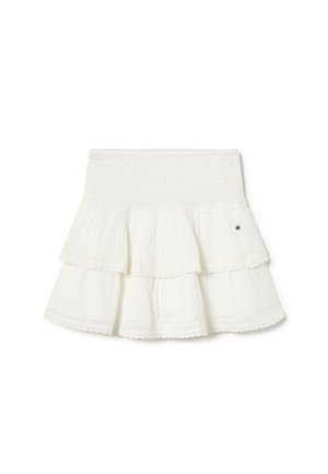 Mini-jupe blanche à volants avec taille élastique froncée et bordure en dentelle sur chaque couche à volants.