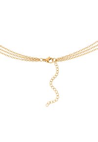 Collana a catena multi-strato in oro con chiusura a moschettone e catena estensibile regolabile, caratterizzata da maglie fini e una superficie liscia.