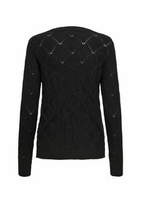 Czarny sweter w diamentowy wzór, dziany tekstura, długie rękawy i okrągły dekolt. Brak widocznych elementów metalowych lub ozdób.