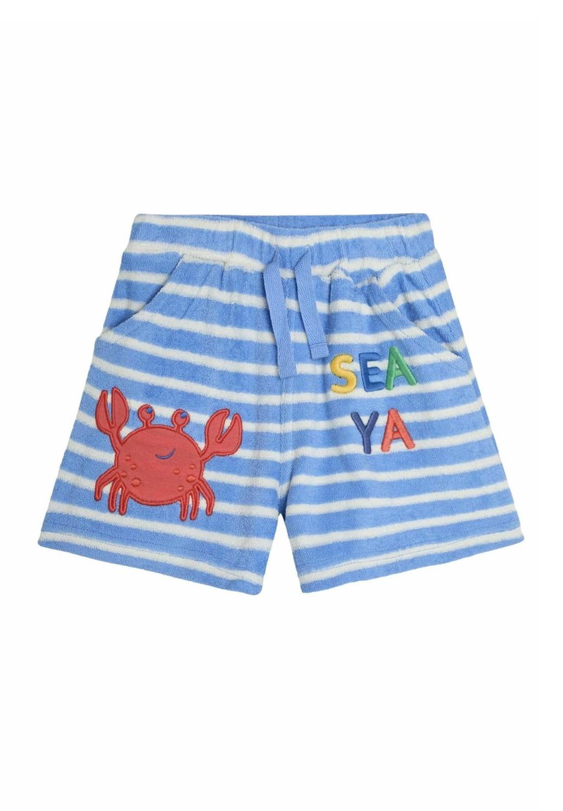 Shorts a righe blu e bianche con una texture morbida, dotati di un'applique a forma di granchio rosa e lettere ricamate multicolori "SEA YA."