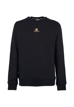 Zwarte sweatshirt gemaakt van zachte stof, met een ronde halslijn, lange mouwen en een klein gouden logo op de borst. Klassieke rechte snit.