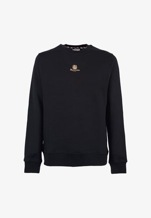 Felpa nera realizzata in tessuto morbido, con collo rotondo, maniche lunghe e un piccolo logo dorato sul petto. Taglio dritto classico.