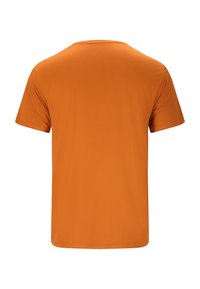 T-shirt med kort ärm i stark orange, med en mjuk textur och enkel rund halsringning. Bakifrån syns en ren, odekorerad design.