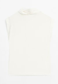 White sleeveless top with a folded collar, lightweight fabric, smooth texture, and straight hem. No visible patterns or hardware details.