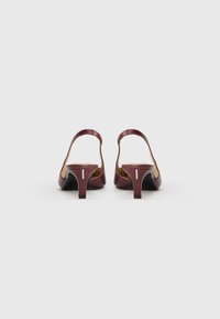 Un paio di scarpe slingback con tacco kitten di color bordeaux viste da dietro su uno sfondo bianco semplice.
