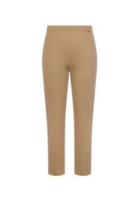 Pantalons beige ajustés avec une texture lisse, coupe slim et taille mi-haute. Présente une étiquette de marque discrète sur la taille.
