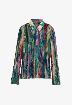 Camisa de manga larga colorida y texturizada con cuello, con patrones abstractos verticales en verde, rojo, azul y amarillo, con cierre de botones.