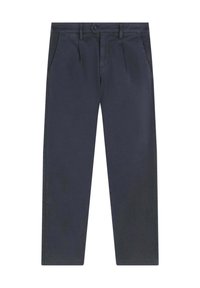 Pantaloni in cotone chino blu navy con design a gamba dritta, due tasche frontali e chiusura a bottone in vita. Tessuto liscio.