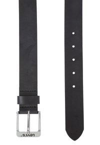 Black leather belt with a silver metal buckle, features multiple adjustment holes and a smooth, matte texture. Brand logo visible near buckle.