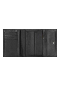 Portafoglio in pelle nera con finitura testurizzata, dotato di più scomparti per carte, di un compartimento con zip e di una chiusura a scatto.