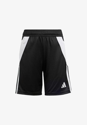 Pantaloni sportivi neri con pannelli laterali bianchi, vita elastica e un piccolo logo Adidas sulla gamba destra in basso. Tessuto leggero.