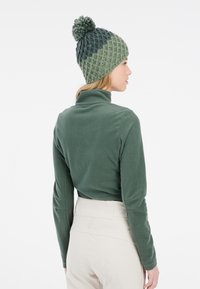 Pullover in pile verde con colletto a dolcevita e maniche lunghe, abbinato a un cappello lavorato a maglia con pom-pom e una sfumatura di verde bicolore.