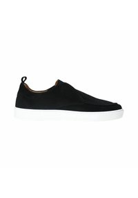 Black suede slip-on shoes with a contrasting white rubber sole. Features a tapered design and a small pull tab at the heel.