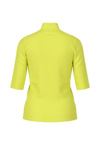 Short-sleeve top in bright yellow, featuring a high collar and smooth texture, with a fitted design and no visible patterns or hardware.