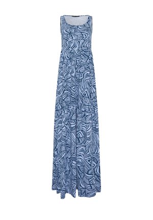 Mouwloze lange jurk in blauw en wit met een abstracte spiraalprint en een gedetailleerde taille met plooien.