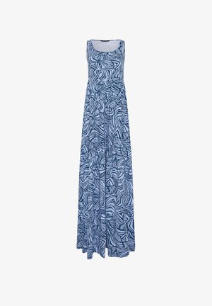 Mouwloze lange jurk in blauw en wit met een abstracte spiraalprint en een gedetailleerde taille met plooien.
