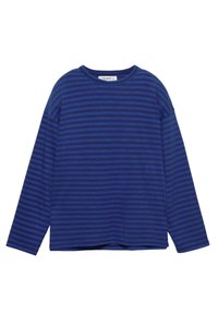 Modrá a námořnická pruhovaná košile s dlouhými rukávy vyrobená z měkké bavlny. Má kulatý výstřih a volný střih s spadlými rameny.