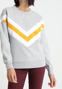 Grijze sweatshirt met een chevronpatroon in wit en geel. Heeft ribgebreide manchetten en een ronde hals. Materiaal lijkt zacht en gestructureerd.